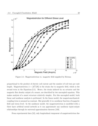 2.2. Uncoupled Constitutive Model                                                                             49


                           x 10
                               −3           Magnetostriction for Different Stress Level
                     1.4




                     1.2




                      1
  Magnetostriction




                     0.8




                     0.6




                     0.4
                                                                                               6.9 MPa
                                                                                               9.6
                                                                                               12.4
                     0.2                                                                       15.1
                                                                                               17.9
                                                                                               20.7
                                                                                               24.1
                      0
                           0            2           4            6           8            10             12
                                                     Magnetic Field (Amp/m)                        x 10
                                                                                                         4




                               Figure 2.1: Magnetostriction vs. magnetic ﬁeld supplied by Etrema


proportional to the product of electric coil current and the number of coil turn per unit
length. Magnetostriction λ = [d]T {H} is the strain due to magnetic ﬁeld, which is the
second term in the Equation-(2.1). Hence, the strain induced by an actuator and the
magnetic ﬂux density output of a sensor, are described by two uncoupled equation. This
makes analysis of a smart structure relatively simpler. For this uncoupled model, both
linear and nonlinear analysis is performed. In the linear model, the magnetomechanical-
coupling term is assumed as constant. But generally it is a nonlinear function of magnetic
ﬁeld and stress level. In the nonlinear model, the magnetostriction is modelled with a
three layer artiﬁcial neural network as it can approximate any nonlinear input-output
relationships through its universal approximation theorem [150].
                      From experimental data [52], only longitudinal component of magnetostriction due
 