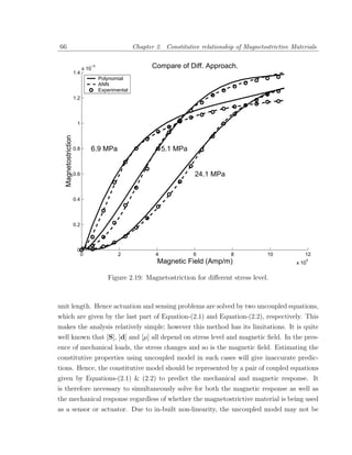 66                                                 Chapter 2. Constitutive relationship of Magnetostrictive Materials


                           x 10
                               −3                         Compare of Diff. Approach.
                     1.4
                                    Polynomial
                                    ANN
                                    Experimental
                     1.2




                      1
  Magnetostriction




                     0.8       6.9 MPa                     15.1 MPa


                     0.6                                                 24.1 MPa


                     0.4




                     0.2




                      0
                           0                2              4            6             8            10           12
                                                           Magnetic Field (Amp/m)                            x 10
                                                                                                                 4




                                       Figure 2.19: Magnetostriction for diﬀerent stress level.



unit length. Hence actuation and sensing problems are solved by two uncoupled equations,
which are given by the last part of Equation-(2.1) and Equation-(2.2), respectively. This
makes the analysis relatively simple; however this method has its limitations. It is quite
well known that [S], [d] and [µ] all depend on stress level and magnetic ﬁeld. In the pres-
ence of mechanical loads, the stress changes and so is the magnetic ﬁeld. Estimating the
constitutive properties using uncoupled model in such cases will give inaccurate predic-
tions. Hence, the constitutive model should be represented by a pair of coupled equations
given by Equations-(2.1) & (2.2) to predict the mechanical and magnetic response. It
is therefore necessary to simultaneously solve for both the magnetic response as well as
the mechanical response regardless of whether the magnetostrictive material is being used
as a sensor or actuator. Due to in-built non-linearity, the uncoupled model may not be
 