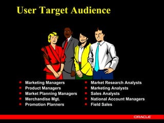 User Target Audience




   Marketing Managers            Market Research Analysts
   Product Managers              Marketing Analysts
   Market Planning Managers      Sales Analysts
   Merchandise Mgt.              National Account Managers
   Promotion Planners            Field Sales
 