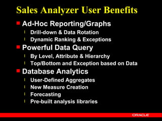 Sales Analyzer User Benefits
   Ad-Hoc Reporting/Graphs
    l   Drill-down & Data Rotation
    l   Dynamic Ranking & Exceptions
   Powerful Data Query
    l   By Level, Attribute & Hierarchy
    l   Top/Bottom and Exception based on Data
   Database Analytics
    l   User-Defined Aggregates
    l   New Measure Creation
    l   Forecasting
    l   Pre-built analysis libraries
 