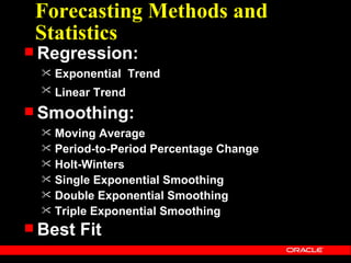 Forecasting Methods and
 Statistics
 Regression:
     Exponential Trend
     Linear Trend
 Smoothing:
   Moving Average
   Period-to-Period Percentage Change
   Holt-Winters
   Single Exponential Smoothing
   Double Exponential Smoothing
   Triple Exponential Smoothing

 Best    Fit
 