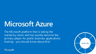 Microsoft Azure
The Microsoft platform that is taking the
market by storm and has quickly become the
primary player for public business applications
hosting - you should know about this! ModernBiz
 