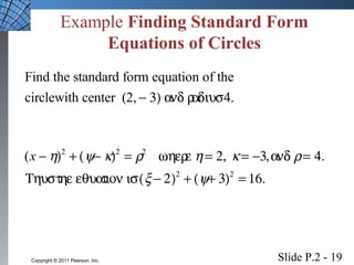 Example Finding Standard Form 
Equations of Circles 
Find the standard form equation of the 
circlewith center (2, - 3) and radius 4. 
(x -h)2 + (y- k)2 = r2    where h = 2,  k = -3,and r = 4. 
Thus the equation is (x - 2)2 + (y+ 3)2 = 16. 
Slide P.2 - 19 Copyright © 2011 Pearson, Inc. 
 