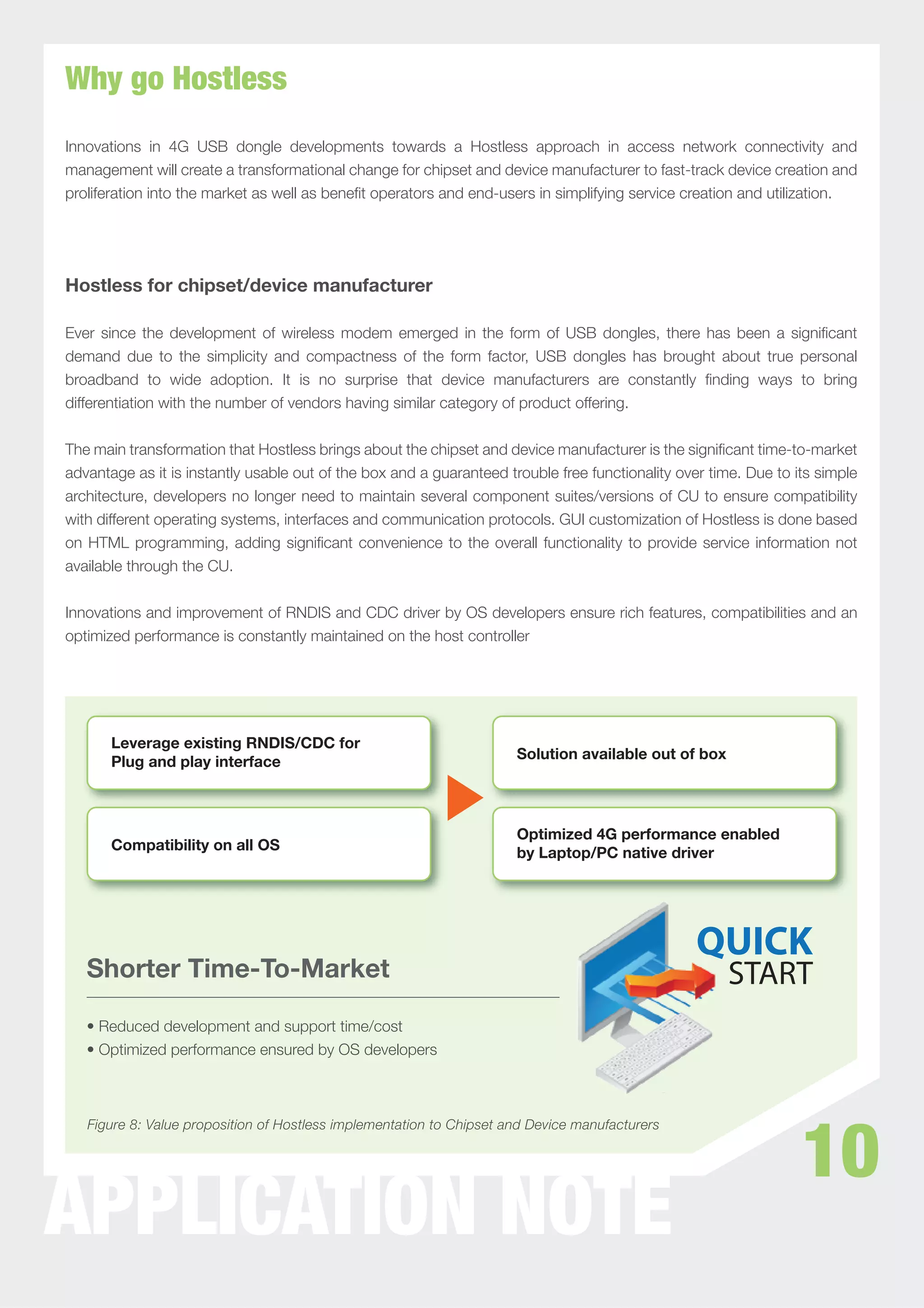 Why go Hostless
Innovations in 4G USB dongle developments towards a Hostless approach in access network connectivity and
management will create a transformational change for chipset and device manufacturer to fast-track device creation and
proliferation into the market as well as beneﬁt operators and end-users in simplifying service creation and utilization.




Hostless for chipset/device manufacturer

Ever since the development of wireless modem emerged in the form of USB dongles, there has been a signiﬁcant
demand due to the simplicity and compactness of the form factor, USB dongles has brought about true personal
broadband to wide adoption. It is no surprise that device manufacturers are constantly ﬁnding ways to bring
differentiation with the number of vendors having similar category of product offering.


The main transformation that Hostless brings about the chipset and device manufacturer is the signiﬁcant time-to-market
advantage as it is instantly usable out of the box and a guaranteed trouble free functionality over time. Due to its simple
architecture, developers no longer need to maintain several component suites/versions of CU to ensure compatibility
with different operating systems, interfaces and communication protocols. GUI customization of Hostless is done based
on HTML programming, adding signiﬁcant convenience to the overall functionality to provide service information not
available through the CU.


Innovations and improvement of RNDIS and CDC driver by OS developers ensure rich features, compatibilities and an
optimized performance is constantly maintained on the host controller




       Leverage existing RNDIS/CDC for
                                                                      Solution available out of box
       Plug and play interface



                                                                      Optimized 4G performance enabled
       Compatibility on all OS                                        by Laptop/PC native driver




                                                                                                 QUICK
   Shorter Time-To-Market                                                                             START
   • Reduced development and support time/cost
   • Optimized performance ensured by OS developers




                                                                                                                  10
   Figure 8: Value proposition of Hostless implementation to Chipset and Device manufacturers




APPLICATION NOTE
 
