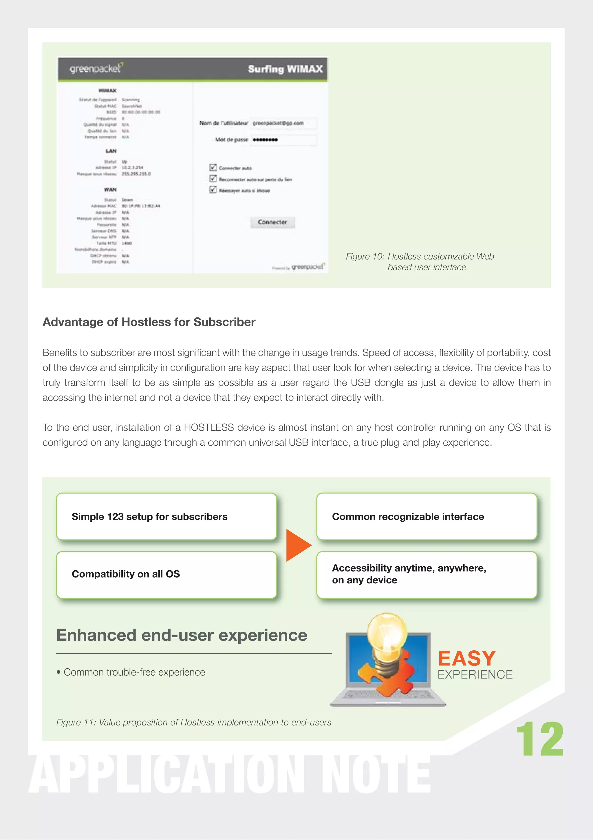 Figure 10: Hostless customizable Web
                                                                                       based user interface




Advantage of Hostless for Subscriber

Beneﬁts to subscriber are most signiﬁcant with the change in usage trends. Speed of access, ﬂexibility of portability, cost
of the device and simplicity in conﬁguration are key aspect that user look for when selecting a device. The device has to
truly transform itself to be as simple as possible as a user regard the USB dongle as just a device to allow them in
accessing the internet and not a device that they expect to interact directly with.


To the end user, installation of a HOSTLESS device is almost instant on any host controller running on any OS that is
conﬁgured on any language through a common universal USB interface, a true plug-and-play experience.




       Simple 123 setup for subscribers                                   Common recognizable interface




                                                                          Accessibility anytime, anywhere,
       Compatibility on all OS
                                                                          on any device




   Enhanced end-user experience

   • Common trouble-free experience




                                                                                                                   12
   Figure 11: Value proposition of Hostless implementation to end-users




APPLICATION NOTE
 