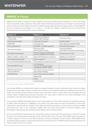 WHITEPAPER                                                       The Current State of Wireless Networking - 05




 WiMAX in Focus
 WiMAX was the earlier conceived technology available to bring about enabling wireless broadband, on which future mobile
 telecommunications system architecture will be built. Several incremental improvements and innovation in radio technology
 and command-and-control software have seen the WiMAX standard releasing higher and higher variants of mobile WiMAX in
 the form of releases such as Release 1.0, 1.5 and 2.0. The latter two, release 1.5 (802.16e Rev 2) and 2.0 (802.16m)
 representing short-term and long-term evolution respectively.


  Release 1.0                                Release 1.5                              Release 2.0
  ASN anchored mobility,                     Persistent scheduling for
                                                                                      Reduced Latency
  3 ASN profiles                             reduced MAC overhead
  CSN anchored mobility                      Femto Cell introduction                  Multihop Relays
  CMIP, PMIP                                 Load balancing                           Self-organizing capability (SON)
  IPv4 & optional IPv6                       BF+MIMO , UL MIMO (optional)             Enhanced VoIP support
                                             GPS & non-GPS                            Enhanced MCBCS
  Idle mode and paging
                                             based location services                  (both static and dynamic multicasting)
                                             Enhanced Multicast & Broadcast
  EAP-based authentication                                                            Enhancements to LBS
                                             services ( MCBCS APP and DSx)
  Mobile, portable, nomadic, fixed           Wimax-WiFi-Bluetooth coexistence         Mobility: up to 500 km/hr
  Pre-provisioned/static QoS                 Ethernet services                        Backward compatibility
  Pre- and Post-paid RADIUS Accounting       Public Safety & emergency services
                                             O & M Features
  Roaming (RADIUS only)                      OTA pre-provisioning & device
                                             management ( OMA & TR69)
  O&M Features Network                       PCC /PCRF ( Dynamic QoS and
  discovery/selection                        policy based charging)
  Load balancing                             USI ( Universal service interface)
                                             WIMAX SIM
                                             ROHC
                                             Lawful intercept

 Key features in the evolution of Mobile WiMAX

 Commercially, WiMAX has revolutionized the delivery of wireless broadband, being the high performance, robust and cheaper
 alternative to 3G and wireline networks. Enabling vast formations of new Greenﬁeld operators and playing a profound role to
 enable communication (simple ﬁxed and nomadic voice) and Internet services to reach vastly across developing and rural
 markets (majority of deployments) previously underserved. Yet, further steps of reﬁnement and market diversiﬁcation must
 surely follow in the midst of the equally domineering LTE camp.

 In many aspects, WiMAX fundamentals share common characteristics to TD-LTE. Take for example, the modulation technique
 of OFDM, where the spectrum is multiplexed in time division (TD) duplex where the uplink and downlink is a time-shared
 method that is spectrum efﬁcient. Similarly, TD-LTE offers key technical advantages in antenna system techniques of MIMO
 and beamforming, which is also supported in WiMAX. With both uplink and downlink on the same frequency, these
 technologies render simplicity and inexpensive implementation that is inherently efﬁcient.

 As ITU and 3GPP/3GPP2 standards have now included TD method as a formal part of the speciﬁcations to which TD-LTE ﬁnds
 its place in the 4G infrastructure increasingly in China, India and parts of Asia. This also means WiMAX systems are closer to
 a smooth migration to TD-LTE and can still ﬁnd relevance among the mainstream service offerings. While WiMAX service
 providers are getting involved in ensuring their systems are in working order, so are WiMAX chipset vendors like Sequans and
 Altair are ready to offer TD-LTE chipsets.
 