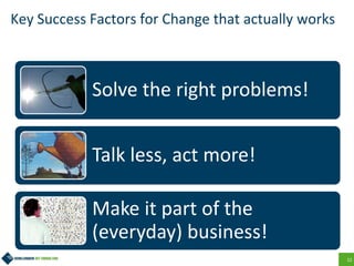 12
Key Success Factors for Change that actually works
Solve the right problems!
Talk less, act more!
Make it part of the
(everyday) business!
 