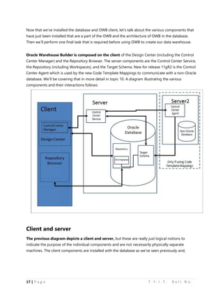 17 | P a g e T . Y . I . T . R o l l N o .
Now that we’ve installed the database and OWB client, let’s talk about the various components that
have just been installed that are a part of the OWB and the architecture of OWB in the database.
Then we’ll perform one final task that is required before using OWB to create our data warehouse.
Oracle Warehouse Builder is composed on the client of the Design Center (including the Control
Center Manager) and the Repository Browser. The server components are the Control Center Service,
the Repository (including Workspaces), and the Target Schema. New for release 11gR2 is the Control
Center Agent which is used by the new Code Template Mappings to communicate with a non-Oracle
database. We’ll be covering that in more detail in topic 10. A diagram illustrating the various
components and their interactions follows:
Client and server
The previous diagram depicts a client and server, but these are really just logical notions to
indicate the purpose of the individual components and are not necessarily physically separate
machines. The client components are installed with the database as we’ve seen previously and,
 