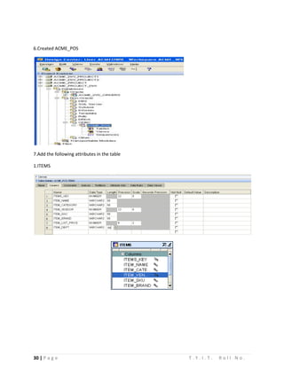 30 | P a g e T . Y . I . T . R o l l N o .
6.Created ACME_POS
7.Add the following attributes in the table
1.ITEMS
 