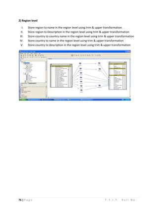 76 | P a g e T . Y . I . T . R o l l N o .
2) Region level
I. Store region to name in the region level using trim & upper transformation
II. Store region to Description in the region level using trim & upper transformation
III. Store country to country name in the region level using trim & upper transformation
IV. Store country to name in the region level using trim & upper transformation
V. Store country to description in the region level using trim & upper transformation
 