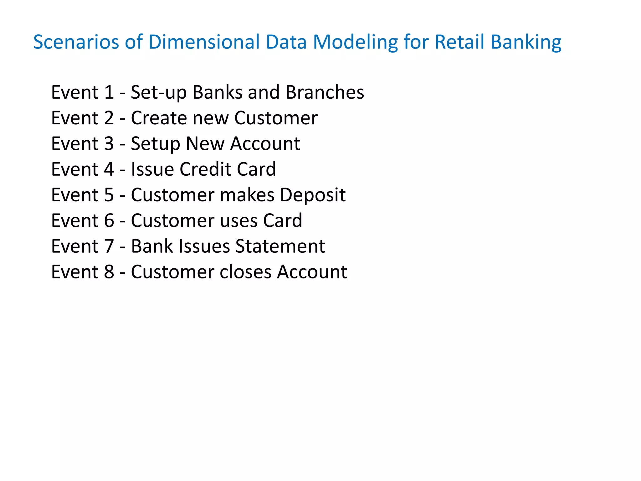 Scenarios of Dimensional Data Modeling for Retail Banking
Event 1 - Set-up Banks and Branches
Event 2 - Create new Customer
Event 3 - Setup New Account
Event 4 - Issue Credit Card
Event 5 - Customer makes Deposit
Event 6 - Customer uses Card
Event 7 - Bank Issues Statement
Event 8 - Customer closes Account
 