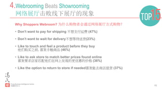 15
4.Webrooming Beats Showrooming
网络展厅击败线下展厅的现象
Why Shoppers Webroom? 为什么购物者会通过网络展厅方式购物？
•  Don’t want to pay for shipping 不想支付运费 (47%)
•  Don’t want to wait for delivery不想等待送货(23%)
•  Like to touch and feel a product before they buy
他们购买之前, 喜欢手触商品 (46%)
•  Like to ask store to match better prices found online
喜欢要求店家匹配他们在网上发现的更优惠的价格 (36%)
•  Like the option to return to store if needed喜欢能去商店退货 (37%)
 