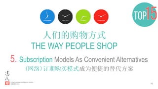 16
人们的购物方式
THE WAY PEOPLE SHOP
5. Subscription Models As Convenient Alternatives
(网络)订期购买模式成为便捷的替代方案
 