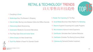 43
1. Everything is Smart
2. Mobile Apps Bury The Browser In Shopping
3. Click & Collect Blurring Lines Between Online And Offline Channels
4. Webrooming Beats Showrooming
5. Subscription Models As Convenient Alternatives
6. Pure Plays Open Brick-and-mortar Stores
7. Online Grocery Is A New Growth Area
8. Tap & Pay Mobile Is Poised For Dramatic Growth
9. Retailer Tech Spending On The Rise
10. Social Media Becomes A New Platform For Marketing
11. Beacons Augment Couponing And Loyalty Programs
12. Micro-locations Improve In-store Experience
13. Gamification Stimulates New Customer Behaviors
14. Uberfication Enbodies The Sharing Economy Model
15. Cybersecurity Demands Smarter Investment
RETAIL & TECHNOLOGY TRENDS
15大零售高科技趋势
 