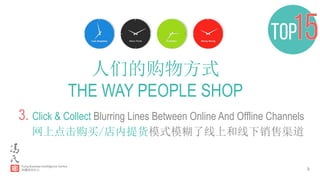 9
人们的购物方式
THE WAY PEOPLE SHOP
3. Click & Collect Blurring Lines Between Online And Offline Channels
网上点击购买/店内提货模式模糊了线上和线下销售渠道
 