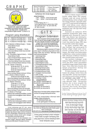 04
M. Min. (Master of Ministry)
36 sks dari B.B.S. / B. Th. (GITS)
40 sks dari S. Th. (STT lain)
50 sks dari Sarjana Sekuler
- Tanpa Bahasa Yunani
- Harus membuat Skripsi minimum 100 hal.
M.B.S. (Master of Biblical Studies)
Jumlah sks sama dengan M. Min.
- Harus lulus Bahasa Yunani dua semester
- Harus membuat Thesis minimum 100 hal.
M. Div. (Master of Divinity)
70 sks dari S. Th. (GITS)
90 sks dari S. Th. (STT lain)
96 sks dari Sarjana Sekuler
- Harus lulus Bahasa Yunani dua semester
- Harus membuat Thesis minimum 150 hal.
M. Th. (Master of Theology)
- Melihat latar belakang pendidikan, kondisi
transkrip dan kesanggupan dalam Bahasa
Yunani.
GITS
Program Extension
Kami menyadari bahwa banyak pelayan
Tuhan di daerah yang sungguh-sungguh tulus
dan setia. Banyak di antara mereka sungguh
sangat rindu menambah pengetahuan
theologi agar domba yang digembalakan
kenyang dengan rumput hijau dan air yang
sejuk.
Mahasiswa program extension GITS akan
sama seperti mahasiswa yang duduk di kelas,
hanya tidak bisa bertanya. Beberapa kelas
telahselesaidivideokan:
1.Soteriologi(3sks)
2.Bibliologi(3sks)
3.Ekklesiologi(3sks)
4.SejarahBaptisI(2sks)
5.SejarahBaptis II (2sks)
6.TheologiKontemporer(2sks)
7.SurveyDoktrin(3sks)
8.BibliologiTekstual(3sks)
9.EksegesisKejadian(3sks)
10.EksegesisKeluaran(3sks)
11.Eksegesis1Korintus(3sks)
12. PAK 2(2sks)
13.EksegesisKitabWahyu(3sks)
14.Arkeologi II (2sks)
Uangpendaftaran:
Rp.150,000.-untukprogramS1.
Rp.200,000.-untukprogramS2.
Biayakuliah:
Rp.30,000.-per-sksuntukS1.
Rp.60,000.-per-sksuntukS2.
Biaya belum termasuk bahan pelajaran dalam
bentuk DVD yangjumlahnyabervariasi.
Jika anda membutuhkan informasi lebih
lengkap,silakanditujukanke:
HP.0878-8424-9630 atau
E-mail:gits@graphe-ministry.org
Daftarkan Diri Anda Segera!
Jadwal Pendaftaran:
1 April - 1 Agustus - Untuk Semester ganjil
1 Sept - 1 Januari - Untuk Semester genap
Untuk mahasiswa asal STT lain, selain
kewajiban SKS masih perludilihat transkrip dan mutu
akademisnya. Untuk D. Min., masih perlu menambah
kewajiban tiga Research Paper minimal 40 halaman
dan lulus, menyelesaikan Thesis dan lulus, serta lulus
tes kecukupan bahasa Yunani yaitu sanggup
menerjemahkanminimal80%teksP.B.
Semua program di atas disediakan atas
kerjasama dengan Tabernacle Baptist Theological
SeminarydanBibleBaptistTheologicalSeminary.
Dip. Th. I (Diploma Theologia Satu) — 36 sks
Dip. Th. II (Diploma Theologia Dua) — 72 sks
Dip. Th. III (Diploma Theologia Tiga) — 108 sks
D. Min. (Doctor of Ministry)
- Melihat latar belakang pendidikan, kondisi
transkrip dan kesanggupan dalam Bahasa
Yunani.
B.B.S. (Bachelor of Biblical Study) — 136 sks
- Tanpa Bahasa Yunani
- Tanpa Skripsi
B. Th. (Bachelor of Theology) — 136 sks
- Harus lulus Bahasa Yunani dua semester
- Tanpa Skripsi
S. PAK. (Pendidikan Agama Kristen) — 160 sks
- Tanpa Bahasa Yunani
- Harus membuat Skripsi minimum 75 hal.
S. Th. (Sarjana Theologia) — 160 sks
- Harus lulus Bahasa Yunani dua semester
- Harus membuat Skripsi minimum 75 hal.
Program yang disediakan:
Orang yang bertekad untuk melayani
Tuhan tidak mungkin terhalang oleh
uang (sponsor), karena tekadnya lebih
besar daripada uang!
GRAPHE
International	Theological	Seminary GRAPHE
International	Theological	Seminary
Berbagai berita
"Sebab itu ambillah seluruh perlengkapan
senjata Allah, supaya kamu dapat
mengadakan perlawanan pada hari yang jahat
itu dan tetap berdiri, sesudah kamu
menyelesaikan segala sesuatu." (Efesus 6:13)
Alamat:
Jl. Danau Agung 2, No. 5 - 7
Sunter Agung Podomoro, Jakarta Utara 14350
Telp. (021) 6471-4156 Fax. (021) 6450-786
HP. 0816-140-2354
Jika Pembaca mengetahui ada orang yang ingin menjual
buku rohani atau theologi bekas pakai, bahasa apapun,
silakan menghubungi:
GRAPHE International	Theological	Seminary
TI SG
NDI-A OT NR EA SK IAA
J
Ephesians
1996
6 : 13
Kini RBK AM828 hadir di Internet
www.graphe-ministry.org
AM
828
RBK
Radio Internet!
www.graphe-ministry.org
GITS di Jakarta maupun RITS di
Kal-bar sedang dalam libur panjang.
Sebagian yang ada urusan memang
pulang kampung, namun sebagian yang
lain senang melayani. Ada tujuh maha-
siswa GITS yang memilih berangkat ke
RBC untuk bekerja secara sukarela.
Mereka melalukan pengecatan gedung,
pembuatan logo, dan juga akan meng-
galikolamikan.
Sementara itu mahasiswa RITS
melakukan pembersihan lahan untuk
menanam sawit. Rencana Dr. Liauw di
RBC akan ditanam lagi sekurang-ku-
rangnya 500 pohon sawit sehingga total
menjadi 1000 pohon. Harapan Dr.
Liauw lima tahun ke depan, RBC akan
bisamemilikisumberdanamandiri.
Ke depan, kompleks RBC juga
akan berfungsi bagi gereja-gereja di
Kal-bar sebagai tempat acara retreat.
Setelah gedung-gedung selesai di
bangun, dan bunga serta pohon-pohon
tumbuh besar, sesuai rencana kompleks
RBC (Remnant of Biblical Christians)
akanmenjaditempatyangnyaman.
Jika pembaca terpanggil untuk
melayani Tuhan, daftarkan diri Anda di
GITS atau RITS. Kami menyediakan
pendidikan hingga tingkat Doktor tanpa
biaya. Tentu Anda harus bersedia diisi
dengan pengetahuan theologi dan
dibentukkarakterAnda.
Di dunia memang ada banyak pe-
kerjaan dan jabatan, namun hanya ada
satu yang indah. Orang yang menghen-
daki jabatan penilik jemaat mengingin-
kan pekerjaan yang indah. (I Tim.
3:1). Dan hanya ada satu pekerjaan
yang dihormat Allah. Barangsiapa
melayani Aku, ia harus mengikut Aku
dan di mana Aku berada, di situpun
pelayanKu akan berada. Barangsiapa
melayani Aku, ia akan dihormati Bapa.
(Yoh12:26).
Biaya Pendaftaran:
S1 = Rp. 200.000
S2 = Rp. 250.000
S3 = Rp. 300.000
RemnantInternationalTheologicalSeminary(RITS)
AdalahSebuahBerkatbagiOrangKal-Bar.
Karena,JikaAndaSungguhTerpanggil
DanRajin,AndaBisaBelajarHinggaTingkat
DoktorTanpaBayar.Jadi,SamaSekaliTidak
AdaPenghalangMasalahDana.
AndaSedangMengerjakanApa?
 