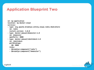@grkvlt
id: my-application
location: my-docker-cloud
services:
- type: org.apache.brooklyn.entity.nosql.redis.RedisStore
id: redis
install.version: 3.0.0
- type: docker:amouat/dnmonster:1.0
id: dnmonster
openPorts: 8080
- type: docker:amouat/identidock:1.0
id: identidock
portBindings:
80: 9090
links:
- $brooklyn:component("redis")
- $brooklyn:component("dnmonster")
Application Blueprint Two
 
