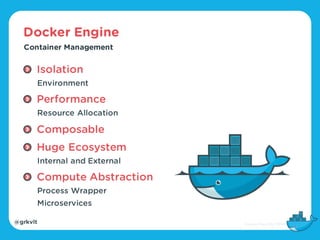 @grkvlt
Docker Engine
Isolation
Environment
Performance
Resource Allocation
Composable
Huge Ecosystem
Internal and External
Compute Abstraction
Process Wrapper
Microservices
Container Management
 