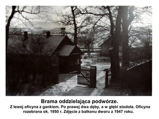 Brama oddzielająca podwórze.
Z lewej oficyna z gankiem. Po prawej dwa dęby, a w głębi stodoła. Oficyna
       rozebrana ok. 1950 r. Zdjęcie z balkonu dworu z 1947 roku.
 