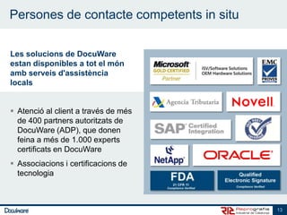 Persones de contacte competents in situ

Les solucions de DocuWare
estan disponibles a tot el món
amb serveis d'assistència
locals


 Atenció al client a través de més
  de 400 partners autoritzats de
  DocuWare (ADP), que donen
  feina a més de 1.000 experts
  certificats en DocuWare
 Associacions i certificacions de
  tecnologia



                                          13
 