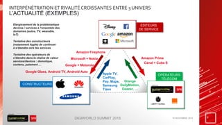 OPÉRATEURS
TÉLÉCOM
EDITEURS
DE SERVICE
CONSTRUCTEURS
INTERPÉNÉTRATION ET RIVALITÉ CROISSANTES ENTRE 3 UNIVERS
L’ACTUALITÉ (EXEMPLES)
19 NOVEMBRE 2015 4DIGIWORLD SUMMIT 2015
Elargissement de la problématique
devices / services à l’ensemble des
domaines (autos, TV, wearable,
IoT)
Tentative des constructeurs
(notamment Apple) de continuer
à s’étendre vers les services
Tentative des opérateurs de
s’étendre dans la chaîne de valeur
services/devices : domotique,
contenu, paiement …
Apple TV,
CarPlay,
Pay, Maps,
Samsung
Tizen
Orange
DailyMotion,
Deezer, …
Canal + Cube S
Amazon Prime
Google Glass, Android TV, Android Auto
Microsoft + Nokia
Google + Motorola
Amazon Firephone
 