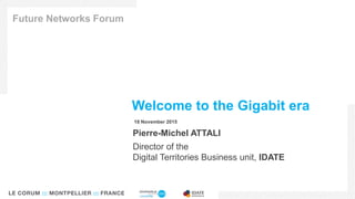 Welcome to the Gigabit era
Pierre-Michel ATTALI
Director of the
Digital Territories Business unit, IDATE
Future Networks Forum
18 November 2015
 