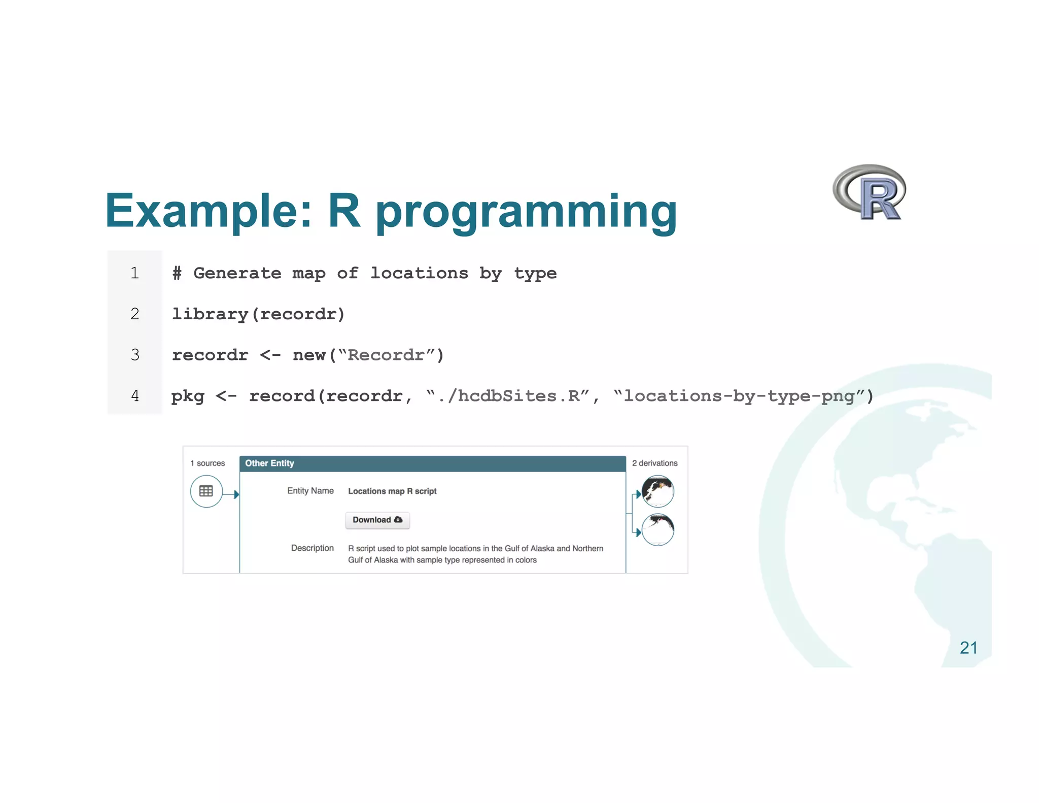 Example: R programming
21
1 # Generate map of locations by type
2 library(recordr)
3 recordr <- new(“Recordr”)
4 pkg <- record(recordr, “./hcdbSites.R”, “locations-by-type-png”)
 