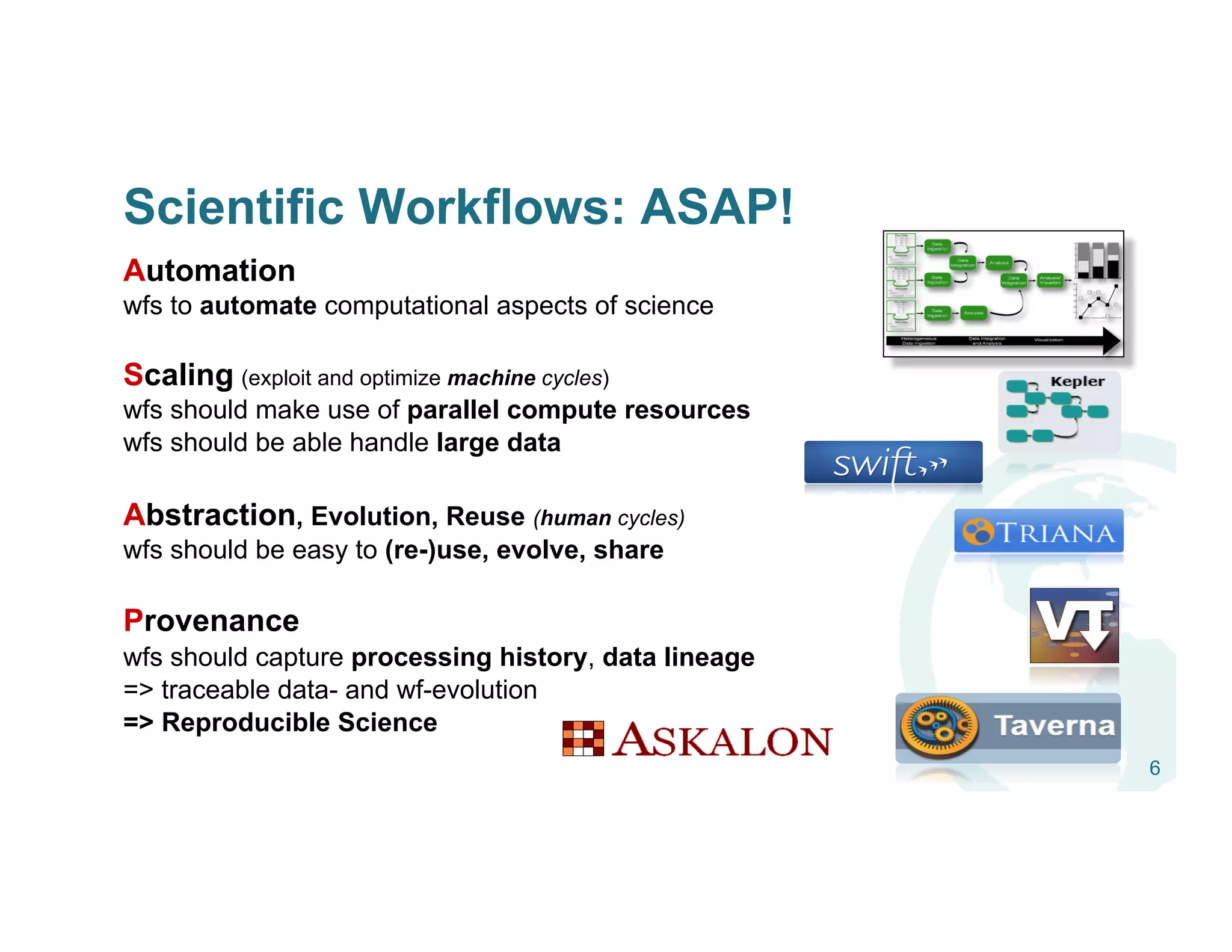 Scientific Workflows: ASAP!
Automation
wfs to automate computational aspects of science
Scaling (exploit and optimize machine cycles)
wfs should make use of parallel compute resources
wfs should be able handle large data
Abstraction, Evolution, Reuse (human cycles)
wfs should be easy to (re-)use, evolve, share
Provenance
wfs should capture processing history, data lineage
=> traceable data- and wf-evolution
=> Reproducible Science
6
 