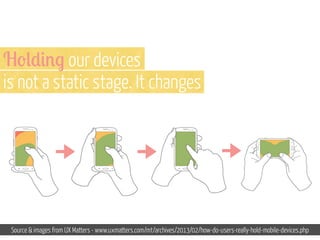H'()#%$ our devices
is not a static stage. It changes

Source & images from UX Matters - www.uxmatters.com/mt/archives/2013/02/how-do-users-really-hold-mobile-devices.php

 