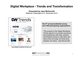 Digital Workplace - Trends and Transformation
Presented by Jane McConnell
KMWorld, Washington D.C. November 2013

The 8th annual worldwide survey
Over 300 participating organizations
“The purpose of the Digital Workplace
Trends reports is to provide executives
and practitioners with data, analysis
and firsthand stories to help them see
where they are today and what early
adopters are doing.” Jane McConnell

www.digital-workplace-trends.com

1

 