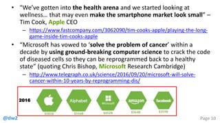 @dw2 Page 10
2016
• "We’ve gotten into the health arena and we started looking at
wellness… that may even make the smartphone market look small” –
Tim Cook, Apple CEO
– https://www.fastcompany.com/3062090/tim-cooks-apple/playing-the-long-
game-inside-tim-cooks-apple
• “Microsoft has vowed to ‘solve the problem of cancer’ within a
decade by using ground-breaking computer science to crack the code
of diseased cells so they can be reprogrammed back to a healthy
state” (quoting Chris Bishop, Microsoft Research Cambridge)
– http://www.telegraph.co.uk/science/2016/09/20/microsoft-will-solve-
cancer-within-10-years-by-reprogramming-dis/
 