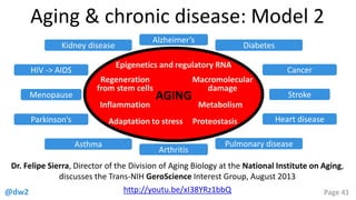 @dw2 Page 41
Aging & chronic disease: Model 2
Dr. Felipe Sierra, Director of the Division of Aging Biology at the National Institute on Aging,
discusses the Trans-NIH GeroScience Interest Group, August 2013
http://youtu.be/xI38YRz1bbQ
Stroke
Cancer
Heart disease
Diabetes
Pulmonary disease
HIV -> AIDS
Parkinson’s
Menopause
Arthritis
Alzheimer’s
Asthma
Kidney disease
AGING
ProteostasisAdaptation to stress
Regeneration
from stem cells
Inflammation
Macromolecular
damage
Metabolism
Epigenetics and regulatory RNA
 