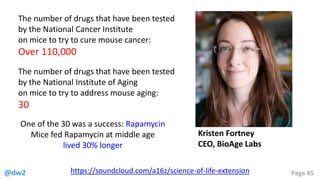 @dw2 Page 45https://soundcloud.com/a16z/science-of-life-extension
Kristen Fortney
CEO, BioAge Labs
The number of drugs that have been tested
by the National Cancer Institute
on mice to try to cure mouse cancer:
Over 110,000
The number of drugs that have been tested
by the National Institute of Aging
on mice to try to address mouse aging:
30
One of the 30 was a success: Rapamycin
Mice fed Rapamycin at middle age
lived 30% longer
 