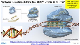 @dw2 Page 59
http://spectrum.ieee.org/biomedical/diagnostics/software-helps-gene-editing-tool-
crispr-live-up-to-its-hype
Illustration: Emily Cooper
“Software Helps Gene Editing Tool CRISPR Live Up to Its Hype” “New algorithms
make CRISPR as
easy as point-
and-click”
 