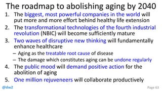 @dw2 Page 63
The roadmap to abolishing aging by 2040
1. The biggest, most powerful companies in the world will
put more and more effort behind healthy life extension
2. The transformational technologies of the fourth industrial
revolution (NBIC) will become sufficiently mature
3. Two waves of disruptive new thinking will fundamentally
enhance healthcare
– Aging as the treatable root cause of disease
– The damage which constitutes aging can be undone regularly
4. The public mood will demand positive action for the
abolition of aging
5. One million rejuveneers will collaborate productively
 