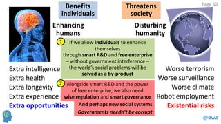 @dw2 
Page 50 
Enhancing 
humans 
Extra intelligence 
Extra health 
Extra longevity 
Extra experience 
Disturbing 
humanity 
Worse terrorism 
Worse surveillance 
Worse climate 
Robot employment 
Extra opportunities Existential risks 
Benefits 
individuals 
Threatens 
society 
If we allow individuals to enhance 
themselves 
through smart R&D and free enterprise 
– without government interference – 
the world’s social problems will be 
solved as a by-product 
Alongside smart R&D and the power 
of free enterprise, we also need 
wise regulation and smart governance 
1 
2 
And perhaps new social systems 
Governments needn’t be corrupt 
 