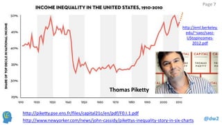 @dw2 
Page 7 
http://www.newyorker.com/news/john-cassidy/pikettys-inequality-story-in-six-charts 
http://piketty.pse.ens.fr/files/capital21c/en/pdf/F0.I.1.pdf 
http://eml.berkeley. edu/~saez/saez- UStopincomes- 2012.pdf 
Thomas Piketty  