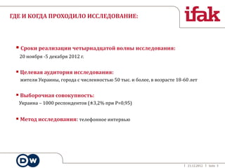 ГДЕ И КОГДА ПРОХОДИЛО ИССЛЕДОВАНИЕ:




  Сроки реализации четырнадцатой волны исследования:
  20 ноября -5 декабря 2012 г.


  Целевая аудитория исследования:
  жители Украины, города с численностью 50 тыс. и более, в возрасте 18-60 лет


  Выборочная совокупность:
  Украина – 1000 респондентов (±3,2% при Р=0,95)


  Метод исследования: телефонное интервью




                                                                        21.12.2012   Seite 3
 
