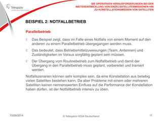© Telespazio VEGA Deutschland 
10/09/2014 
11 
BEISPIEL 2: NOTFALLBETRIEB 
Das Beispiel zeigt, dass im Falle eines Notfalls von einem Moment auf den anderen zu einem Parallelbetrieb übergegangen werden muss. Das bedeutet, dass Betriebsmittelzuweisungen (Team, Antennen) und Zuständigkeiten im Voraus sorgfältig geplant sein müssen. Der Übergang vom Routinebetrieb zum Notfallbetrieb und damit der Übergang in den Parallelbetrieb muss geplant, vorbereitet und trainiert werden. 
Notfallszenarien können sehr komplex sein, da eine Konstellation aus beliebig vielen Satelliten bestehen kann. Da aber Probleme mit einem oder mehreren Satelliten keinen nennenswerten Einfluss auf die Performance der Konstellation haben dürfen, ist der Notfallbetrieb intensiv zu üben. 
Parallelbetrieb 
DIE OPERATIVEN HERAUSFORDERUNGEN BEI DER WEITERENTWICKLUNG VON EINZELSATELLITENMISSIONEN HIN ZU KONSTELLATIONSMISSION VON SATELLITEN  