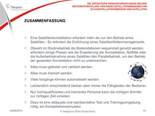 © Telespazio VEGA Deutschland 
10/09/2014 
14 
ZUSAMMENFASSUNG 
Eine Satellitenkonstellation erfordert mehr als nur den Betrieb eines Satelliten - Es erfordert die Einführung eines Satellitenflottenmanagements. Obwohl im Routinebetrieb die Bodenstationen sequenziell genutzt werden, erfordern einige Phasen wie die Erweiterung der Konstellation, Notfälle oder die Außerbetriebnahme eines Satelliten den Parallelbetrieb, um den Betrieb der gesamten Konstellation nicht zu unterbrechen. Alles muss getestet und validiert werden. Alles muss trainiert werden. Viele Vorgänge können automatisiert werden. Letztendlich entscheidend bleiben aber immer die Fähigkeiten der Bediener. Nur hochqualifiziertes und trainiertes Personal kann die richtigen Schritte zur richtigen Zeit einleiten. Dazu ist eine adäquate und repräsentative Test und Trainingsumgebung nötig: ein Konstellationssimulator. 
DIE OPERATIVEN HERAUSFORDERUNGEN BEI DER WEITERENTWICKLUNG VON EINZELSATELLITENMISSIONEN HIN ZU KONSTELLATIONSMISSION VON SATELLITEN 