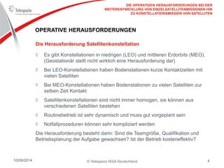 © Telespazio VEGA Deutschland 
10/09/2014 
4 
OPERATIVE HERAUSFORDERUNGEN 
Es gibt Konstellationen in niedrigen (LEO) und mittleren Erdorbits (MEO). (Geostationär stellt nicht wirklich eine Herausforderung dar) Bei LEO-Konstellationen haben Bodenstationen kurze Kontaktzeiten mit vielen Satelliten Bei MEO-Konstellationen haben Bodenstationen zu vielen Satelliten zur selben Zeit Kontakt Satellitenkonstellationen sind nicht immer homogen, sie können aus verschiedenen Satelliten bestehen Routinebetrieb ist sehr dynamisch und muss gut vorgeplant sein Notfallprozeduren können sehr kompliziert werden 
Die Herausforderung besteht darin: Sind die Teamgröße, Qualifikation und Betriebsplanung der Aufgabe gewachsen? Ist der Betrieb kosteneffektiv? 
Die Herausforderung Satellitenkonstellation 
DIE OPERATIVEN HERAUSFORDERUNGEN BEI DER WEITERENTWICKLUNG VON EINZELSATELLITENMISSIONEN HIN ZU KONSTELLATIONSMISSION VON SATELLITEN  