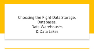 Choosing the Right Data Storage:
Databases,
Data Warehouses
& Data Lakes
 