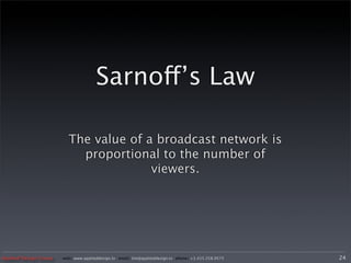 Sarnoff’s Law

                         The value of a broadcast network is
                           proportional to the number of
                                       viewers.




Applied Design Group   web/ www.applieddesign.tv email/ tim@applieddesign.tv phone/ +1.415.258.9575   24
 