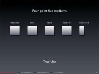 Four point ﬁve mediums


             television                    print                        radio                     outdoor   interactive




                                                                 True Use

Applied Design Group   web/ www.applieddesign.tv email/ tim@applieddesign.tv phone/ +1.415.258.9575                       42
 
