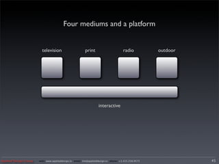 Four mediums and a platform


                         television                      print                        radio           outdoor




                                                                   interactive




Applied Design Group   web/ www.applieddesign.tv email/ tim@applieddesign.tv phone/ +1.415.258.9575             45
 