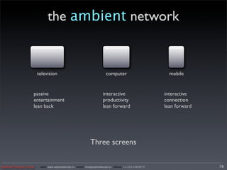 the ambient network


                       television                                      computer                          mobile


                   passive                                           interactive                       interactive
                   entertainment                                     productivity                      connection
                   lean back                                         lean forward                      lean forward




                                                            Three screens

Applied Design Group    web/ www.applieddesign.tv email/ tim@applieddesign.tv phone/ +1.415.258.9575                  78
 