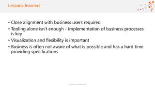 ©2016 Avanade Inc. All Rights Reserved.
Click to add title
• Close alignment with business users required
• Tooling alone isn’t enough - implementation of business processes
is key
• Visualization and flexibility is important
• Business is often not aware of what is possible and has a hard time
providing specifications
Lessons learned
 
