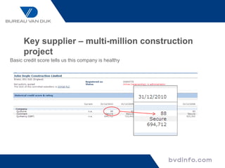 Key supplier – multi-million construction
      project
Basic credit score tells us this company is healthy
 