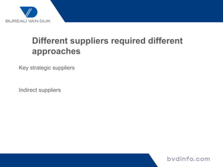 Different suppliers required different
     approaches
Key strategic suppliers



Indirect suppliers
 