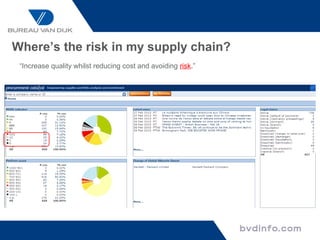 Where’s the risk in my supply chain?
 “Increase quality whilst reducing cost and avoiding risk.”
 